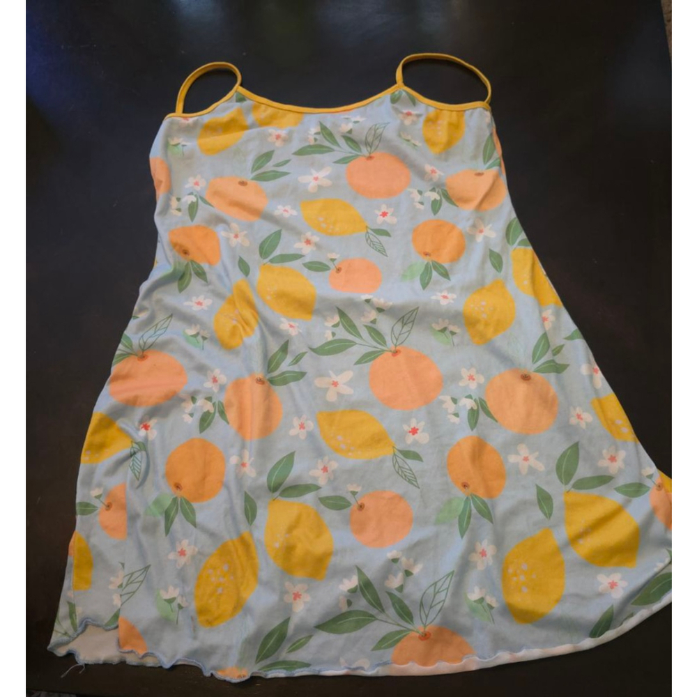 Women's Summer Citrus Cotton Y2K Slip Dress M Pastel Blue Lemon & Orange Print